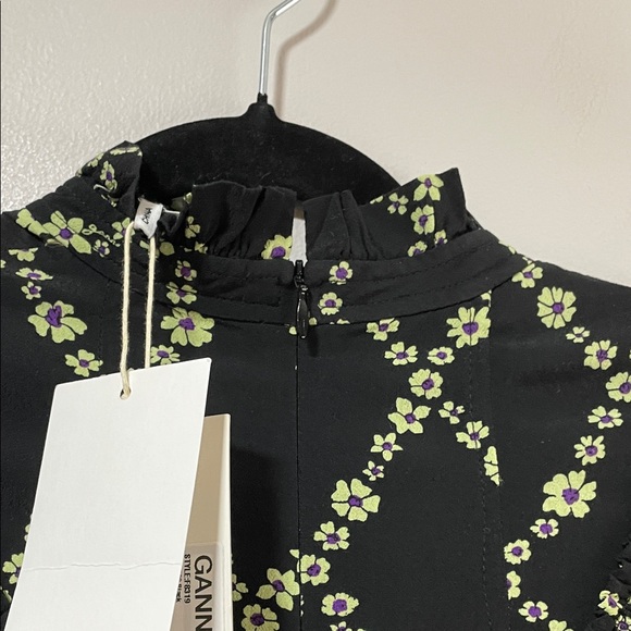 Ganni Crepe Margarita Black Mini Dress with Green Floral Lattice - Picture 13 of 17